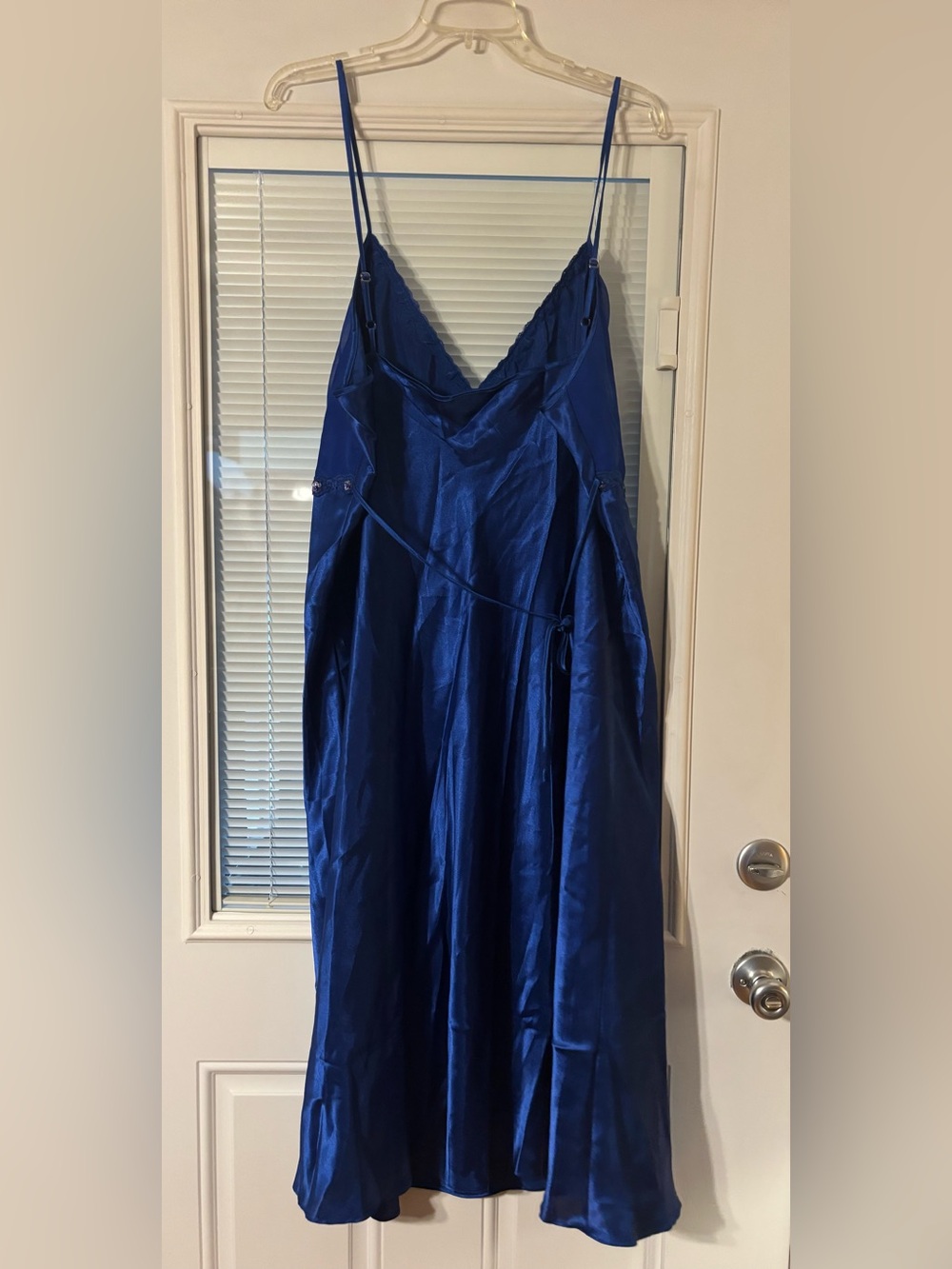 Vintage Blue Satin Slip Nightgown with beaded lace trim - Picture 6 of 10
